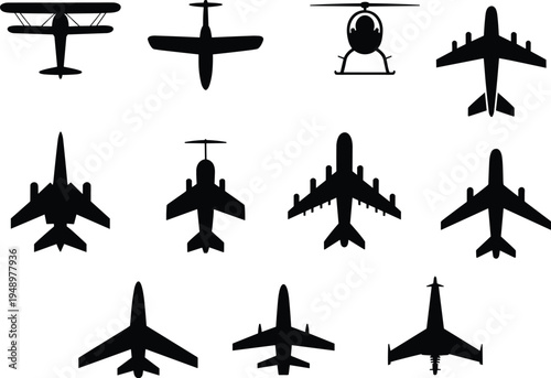 Aircraft and helicopter silhouette collection with passenger planes, jet fighters and vintage airplane shapes for aviation transport and aerospace design