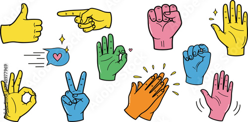 Colorful Hand Gesture Cartoon Icon Set with Thumbs Up Peace Sign Clap Fist Pointing OK Symbol and Communication Expressions Vector Illustration