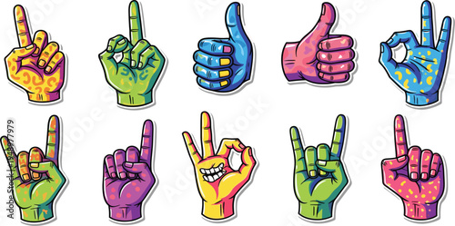 Colorful Cartoon Hand Gesture Icon Set Featuring Thumbs Up, Peace Sign, Rock Sign, OK Symbol and Pointing Fingers for Stickers, Emojis, and Graphic Design