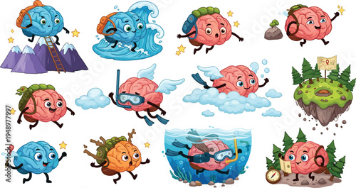 Cute cartoon brain adventure characters vector set flying diving hiking exploring nature imagination mascot illustration collection isolated background