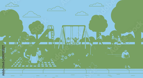 Vector illustration of green park scene with playground and trees