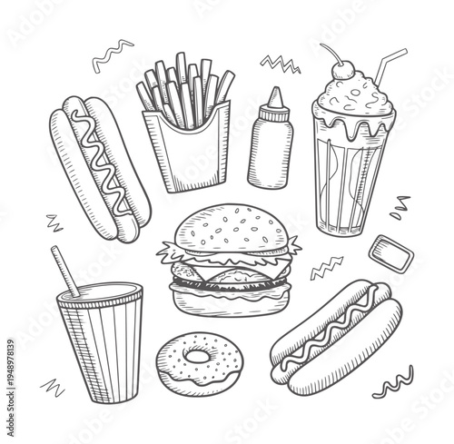 Black and white hand drawn of fast food hotdog burger fries donut milkshake
