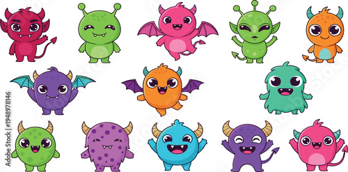 Cute Colorful Cartoon Monster Character Set with Funny Kawaii Creatures, Little Aliens and Fantasy Mascots for Kids Stickers, Games, and Nursery Design