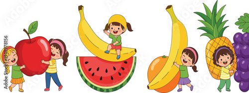 Cute Kids Playing with Fruits Vector Illustration Set Featuring Apple, Banana, Watermelon, Orange, Pineapple and Grapes for Healthy Food Education Designs
