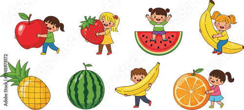 Cute Kids with Fresh Fruits Vector Set Children Holding Apple Strawberry Watermelon Banana Orange and Pineapple Healthy Food Cartoon Illustration Collection
