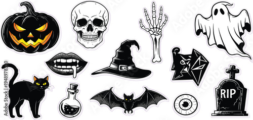 Halloween Spooky Sticker Set with Pumpkin, Skull, Ghost, Black Cat, Bat, Witch Hat, Potion Bottle and Graveyard Elements for Horror Designs