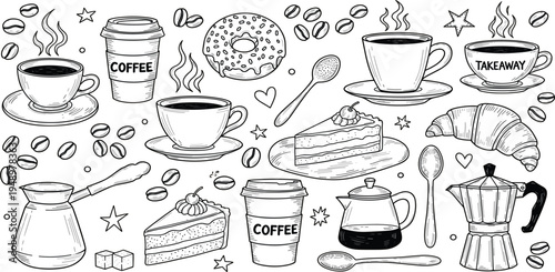 Hand Drawn Coffee Doodle Set with Cups, Beans, Donut, Croissant, Cake, Moka Pot and Cafe Elements for Menu Design and Branding