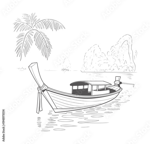 Black and white line of a traditional longtail boat moored in calm water with palm tree and