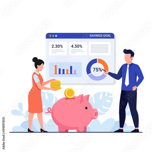 Savings Goal and Financial Growth Concept with Piggy Bank, Coins and Investment Analytics Dashboard Flat Vector Illustration
