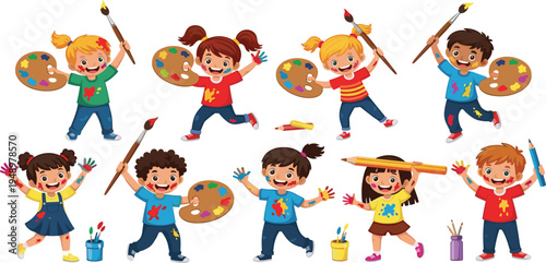 Happy Kids Painting Cartoon Character Set with Children Holding Brushes, Palettes and Art Supplies for Creativity, School Activities, Art Class and Educational Designs