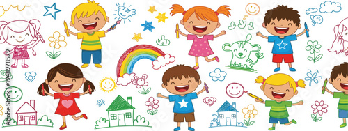 Happy Kids Drawing Colorful Doodles Vector Illustration with Children Painting Rainbow, Houses, Flowers and Cute Sketches for Creative Learning Activities