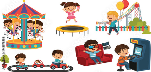 Happy Kids Playing at Amusement Park Vector Illustration Set with Carousel, Trampoline, Roller Coaster, Toy Cars, Arcade Games and Fun Activities