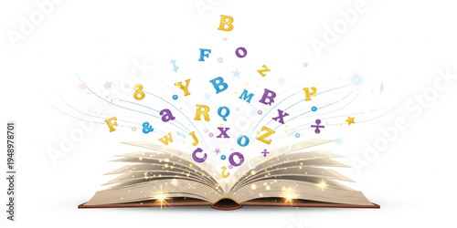 Magical Open Book with Flying Alphabet Letters and Symbols, Creative Education Concept Illustration for Learning, Reading, Knowledge, Imagination, School and Literacy Design