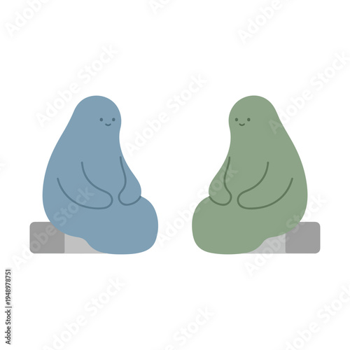 Two friendly, minimalist, blob-like characters, one blue and one green, sit facing each other on a gray base with happy expressions.