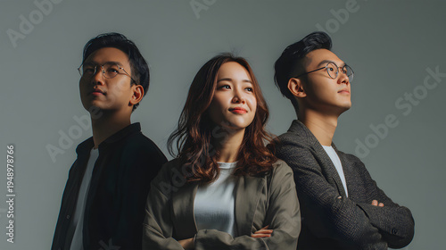 Three young adults wearing glasses stand together looking upward in thoughtful poses