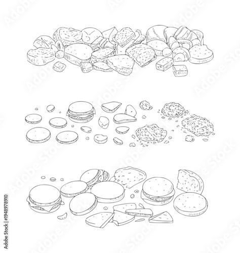 Black and white of assorted bread pieces and burgers food