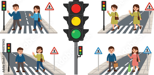 Pedestrians Crossing Road at Zebra Crossing with Traffic Light Vector Illustration Set Showing Safe Street Crossing and Road Safety Rules