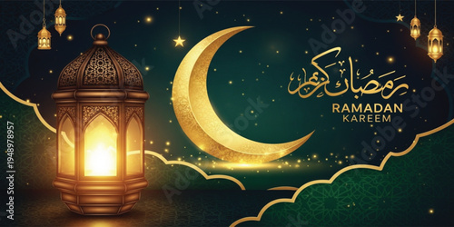 Ramadan Kareem Greeting Banner with Golden Crescent Moon Islamic Lantern and Arabic Calligraphy for Holy Month Celebration Eid Mubarak Festive Background Design