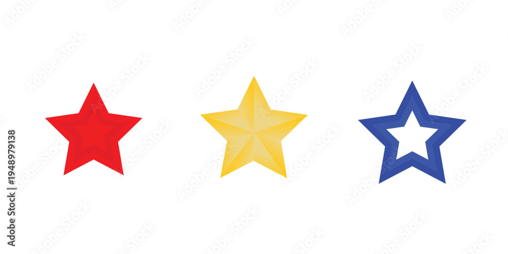 Obraz premium Set of 3 Colorful Star Icons Vector Illustration: Red, Yellow, and Blue Star Shapes for Rating, Achievement, and Quality Design Elements