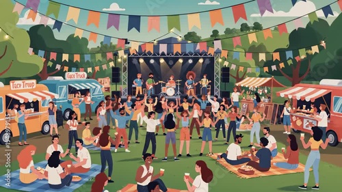 Illustrated music festival crowd enjoying live band and food trucks in a vibrant park scene