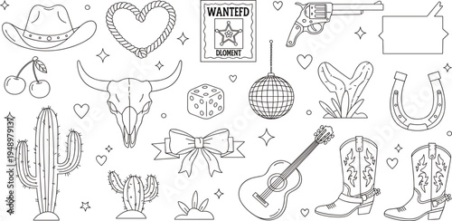 Western Cowboy Doodle Icon Set with Hat, Boots, Guitar, Cactus, Horseshoe, Revolver and Wanted Poster for Wild West Theme Designs