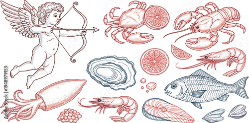 Vintage Seafood Engraving Collection with Fish Lobster Crab Shrimp Oyster Squid Citrus and Cupid Illustration for Restaurant Menu Packaging and Culinary Design