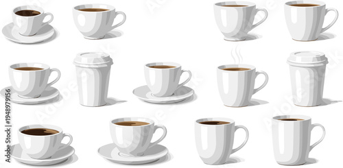White Coffee Cup Collection with Hot Espresso, Cappuccino and Takeaway Cup Variations for Cafe Menu, Beverage Branding and Restaurant Design