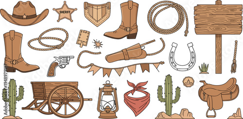 Wild West Cowboy Elements Vector Set with Hat Boots Lasso Sheriff Badge Revolver Saddle Cactus Lantern and Wagon Vintage Western Illustration Collection