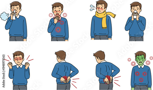 Illustration of person showing common illness symptoms including sneezing, sore throat, fever, headache, back pain, nausea, and congestion for medical education
