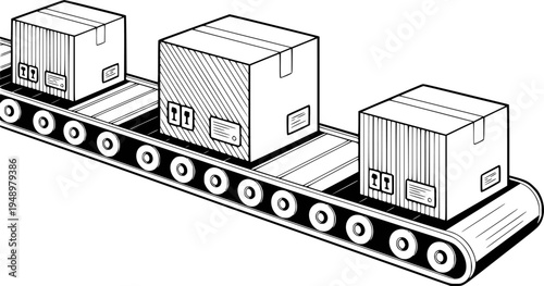Cardboard Boxes Moving a Conveyor Belt with Shipping Labels