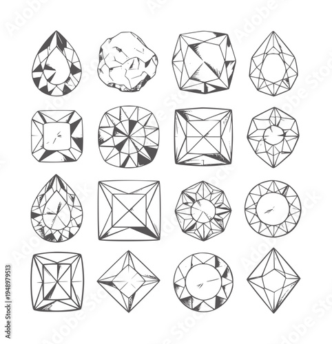 Collection of hand drawn faceted gemstones and rough crystal shapes diamond
