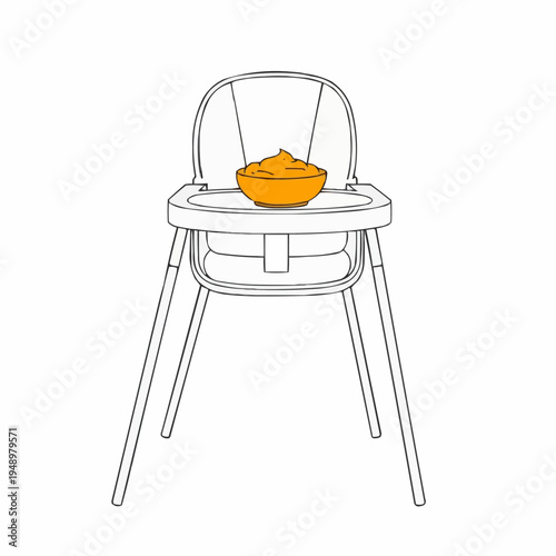 High chair with a bowl of orange baby food for infant feeding, minimalist design