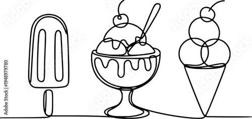 Minimalist continuous line of ice cream treats a white background popsicle sundae