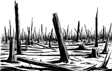 Fototapete Grau 2 Stark black and white of a desolate burnt forest landscape with dead trees and stumps  © Tanmoy