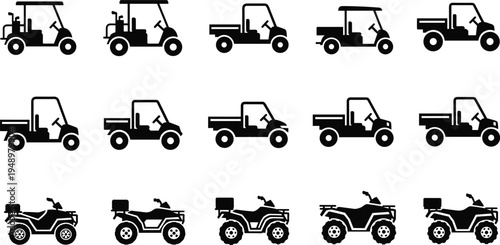 Black silhouette illustrations of golf carts, utility trucks, and ATVs in varied designs, ideal for transportation, vehicle comparison, or industrial design themes.