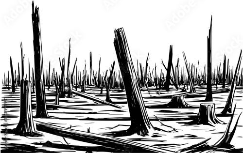 Stark black and white of a desolate burnt forest landscape with dead trees and stumps