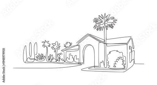 Minimalist line of a house with palm trees and foliage architecture