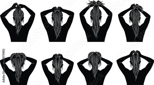 Black silhouette sequence of eight frames showing woman tying long hair into ponytail, ideal for hairstyle tutorial, beauty, or educational design themes.