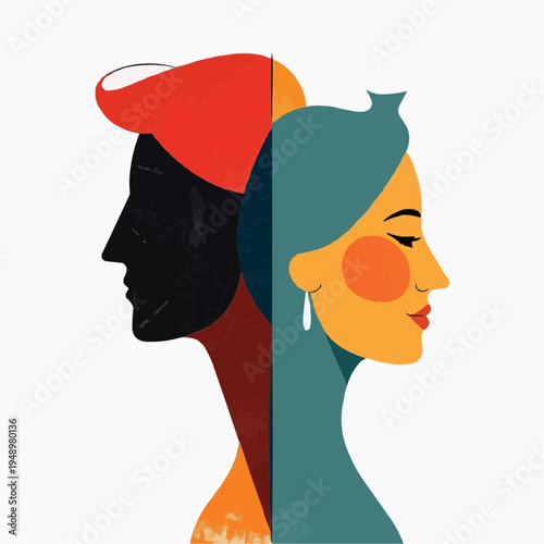 Artistic illustration of a man and woman with contrasting features and colors