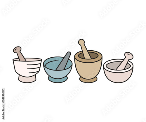 herb mortar and pestle icons set