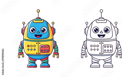 Cute cartoon robot vector illustration. Full color and black and white line art outline version for kids coloring book page or educational tech design.