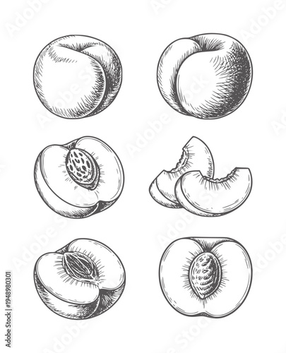 Six black and white of whole and sliced peaches fruit food