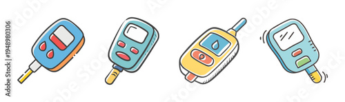 Set of four hand-drawn glucometers with blood drop icons for diabetes monitoring.