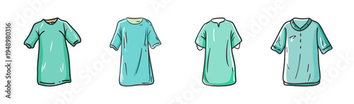 Medical scrub shirts collection, teal hospital uniform set, 4 healthcare apparel icons