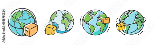 Hand-drawn global delivery icons, world globe with shipping boxes, logistics svg set