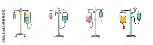 Medical IV drip stands with bags of fluid for patient treatment and care.