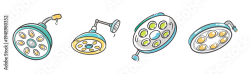 Set of four hand-drawn surgical operating room lights for medical procedures and healthcare.
