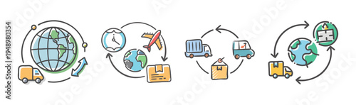Logistics and shipping icons illustrating global transport, delivery, and supply chain management.