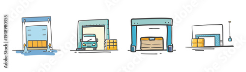 Set of four hand-drawn loading docks with trucks and boxes for logistics and shipping.