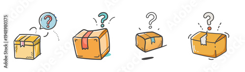 Set of four cartoon boxes with question marks, representing lost packages or shipping uncertainty.